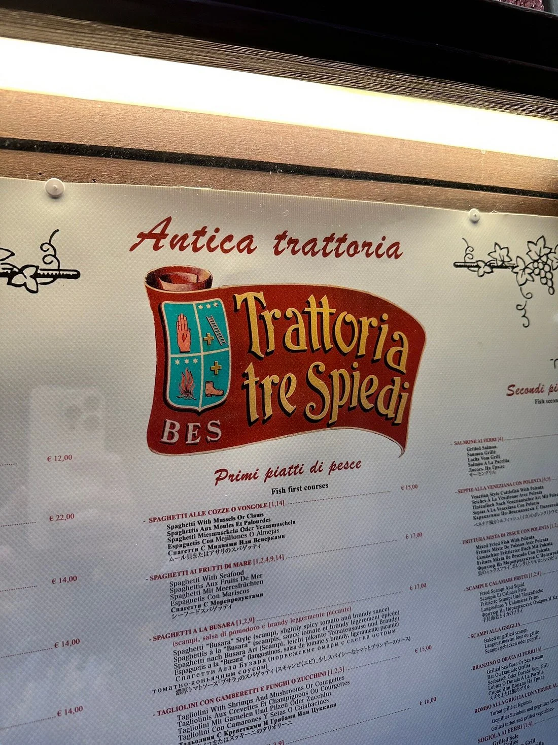 Fresh fish menu at Trattoria Tre Spiedi Venice